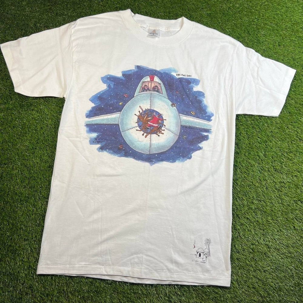 Vintage 80s The Far Side Larson Santa Reindeer Airplane USA Made Large Comic Tee